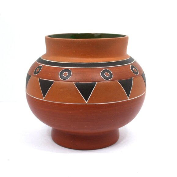Mexican Hand Painted Terracotta Clay Jar Inside Glazed Green Geometric Design - Picture 3 of 5
